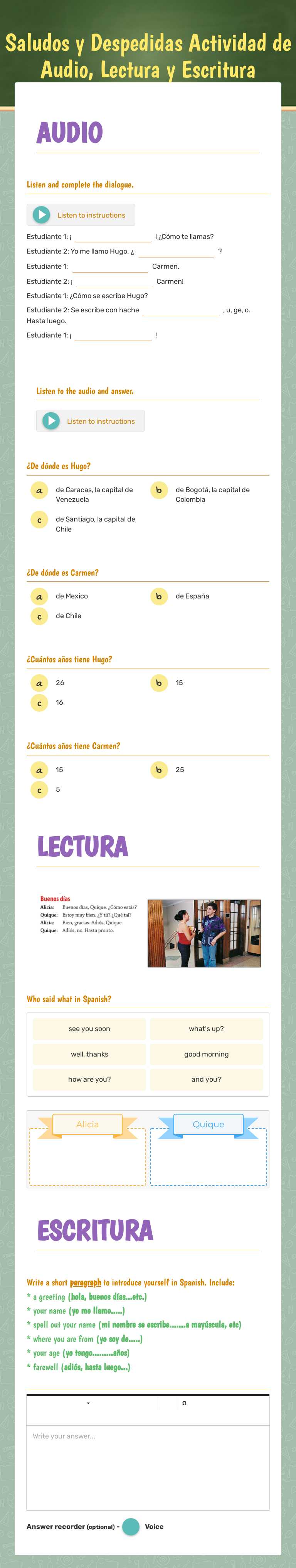 Saludos y Despedidas Actividad de Audio, Lectura y Escritura worksheet preview image