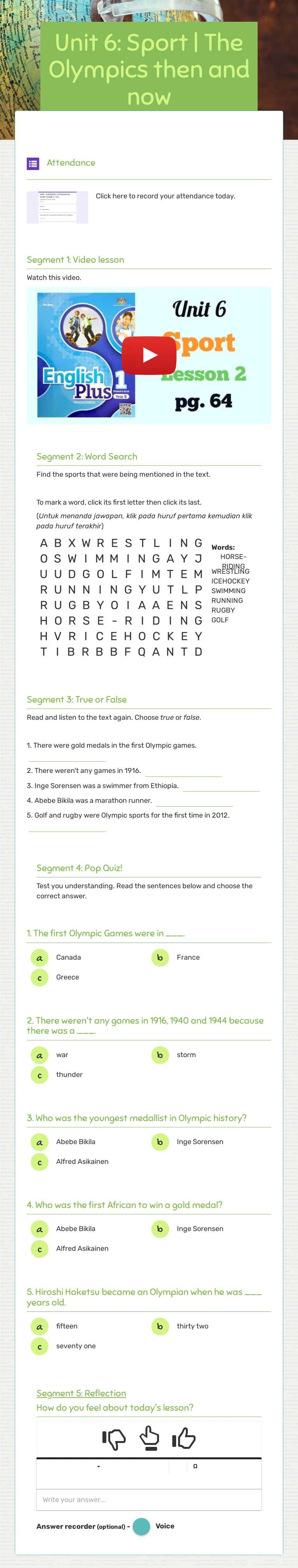 Unit 6: Sport | 
The Olympics then and now worksheet preview image