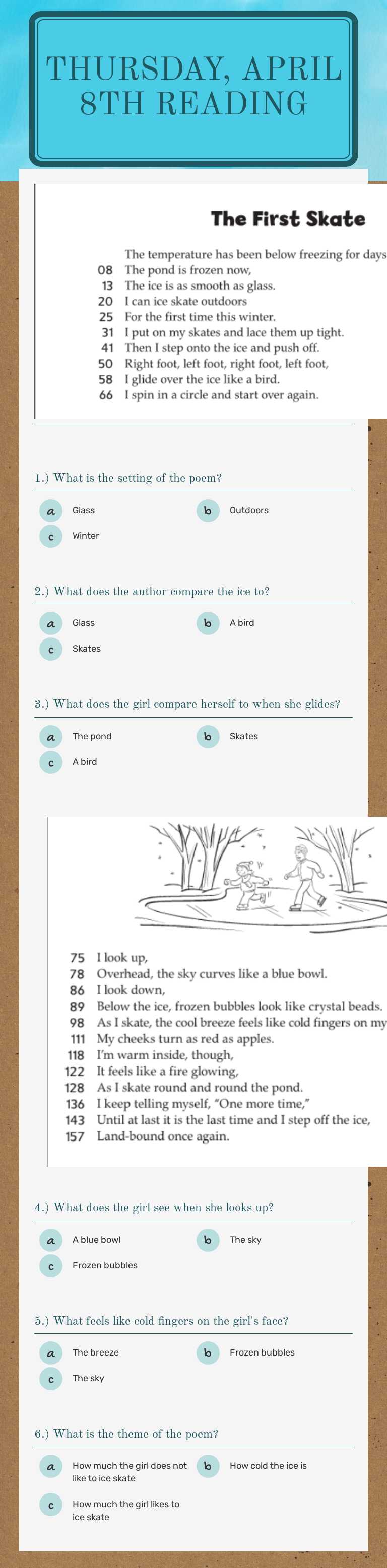 Thursday, April 8th Reading worksheet preview image