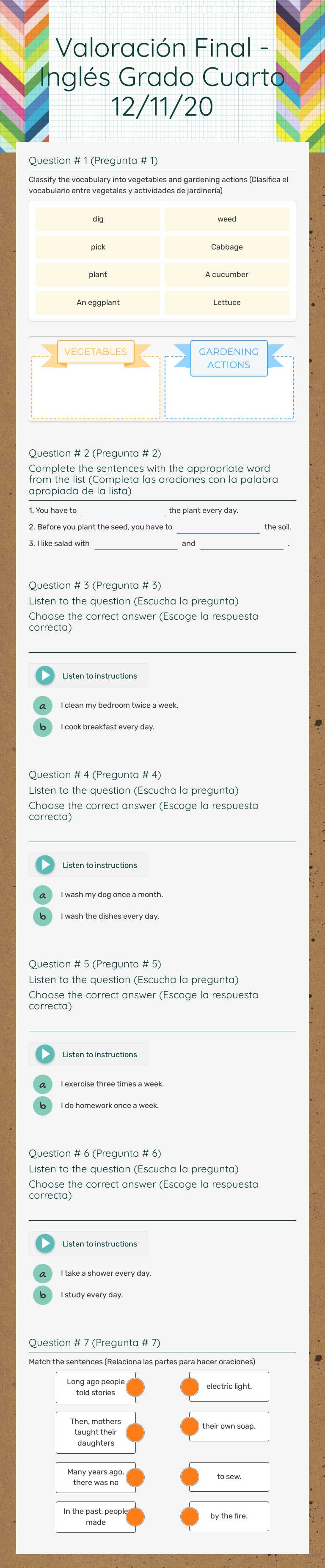 Valoración Final - Inglés Grado Cuarto 12/11/20 Grade 4 worksheet preview