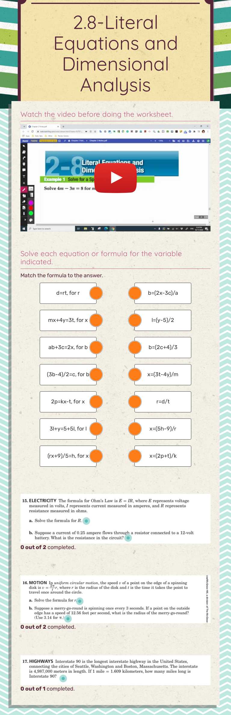 2.8-Literal Equations and Dimensional Analysis worksheet preview image