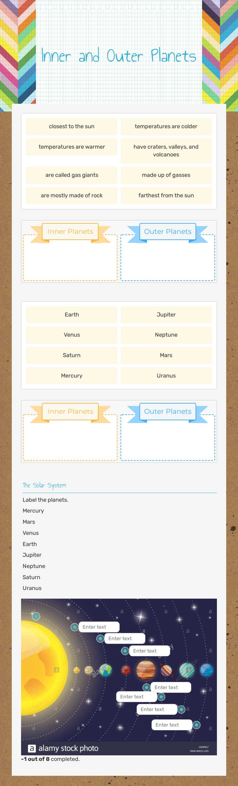 Inner and Outer Planets worksheet preview image