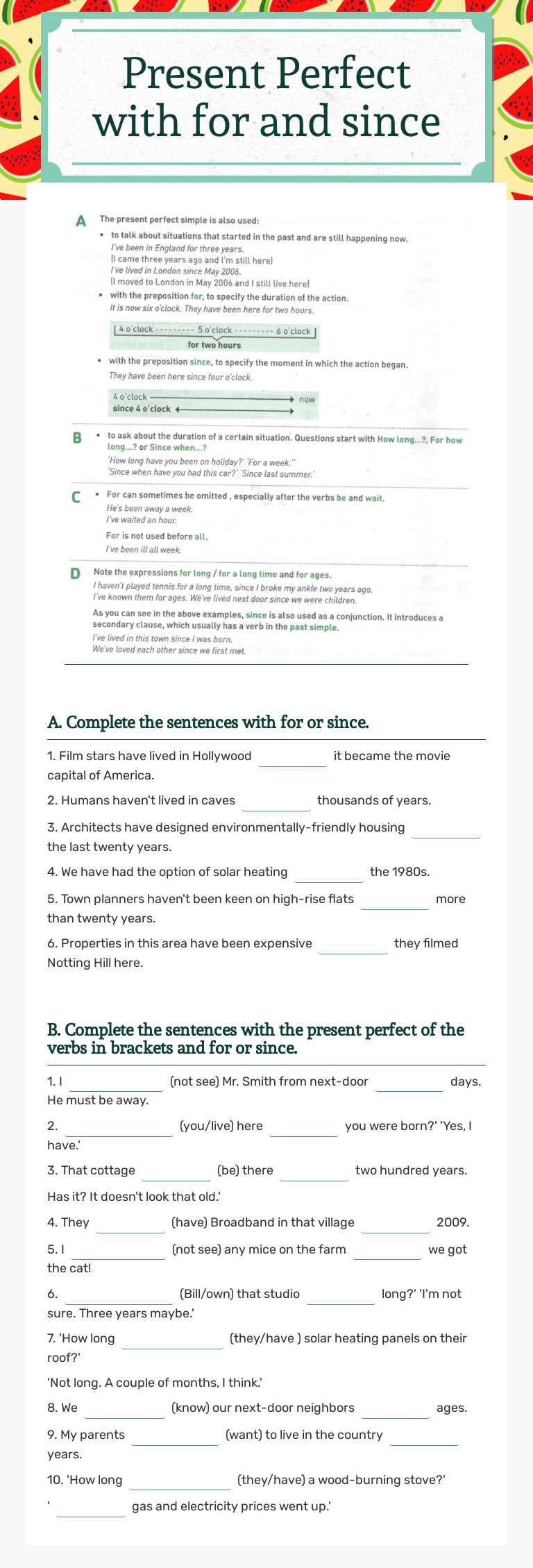 Present Perfect with for and since worksheet preview image