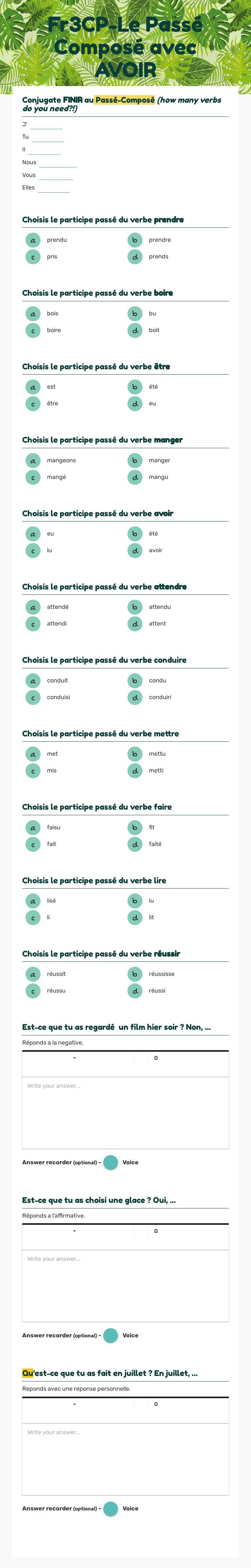 Fr3CP-Le Passé Composé avec AVOIR Grade 8 worksheet preview
