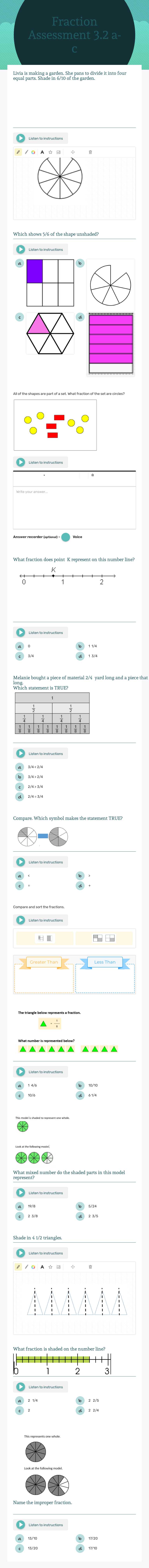Fraction Assessment 3.2 a-c worksheet preview image