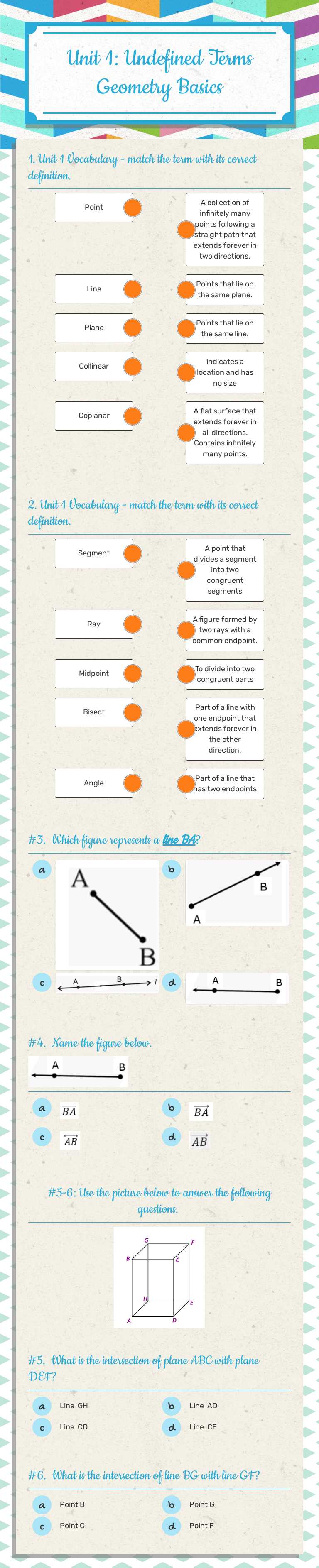 Unit 1: Undefined Terms Geometry Basics worksheet preview image