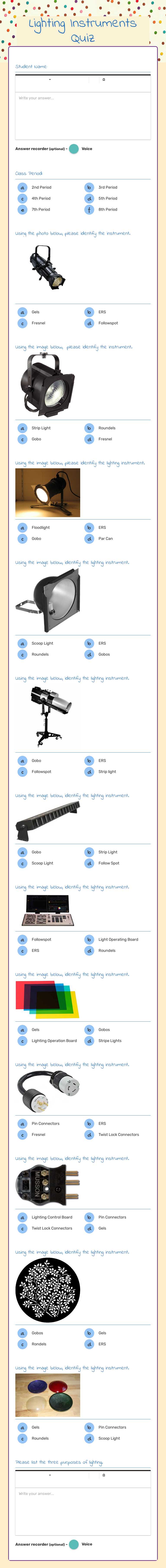 Lighting Instruments Quiz Grade 10 worksheet preview