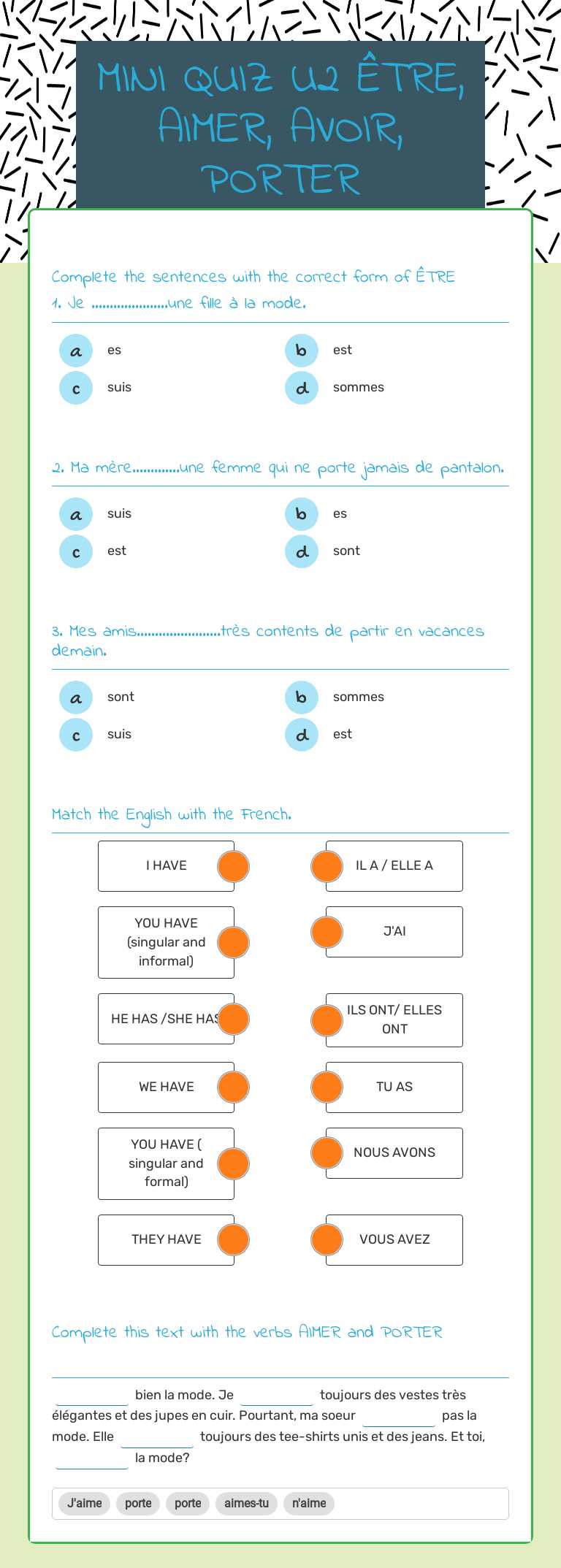 MINI QUIZ U2 ÊTRE, AIMER, AVOIR, PORTER Grade 7 worksheet preview