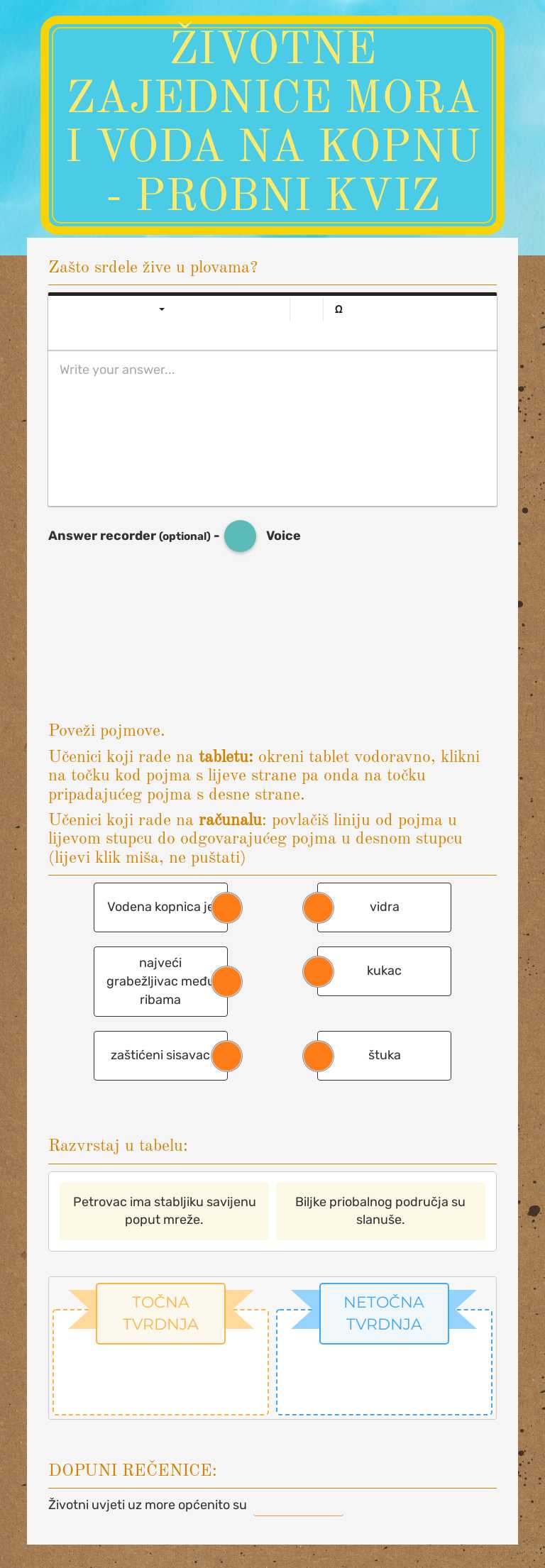 Životne zajednice mora i voda na kopnu - probni kviz Grade 6 worksheet preview