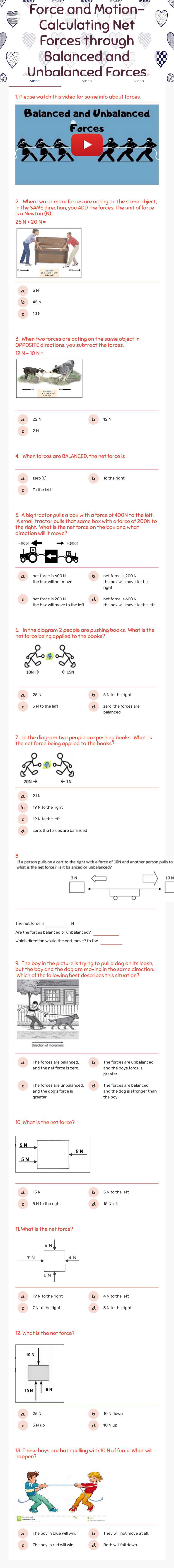 Force and Motion- Calculating Net Forces through Balanced and Unbalanced Forces worksheet preview image