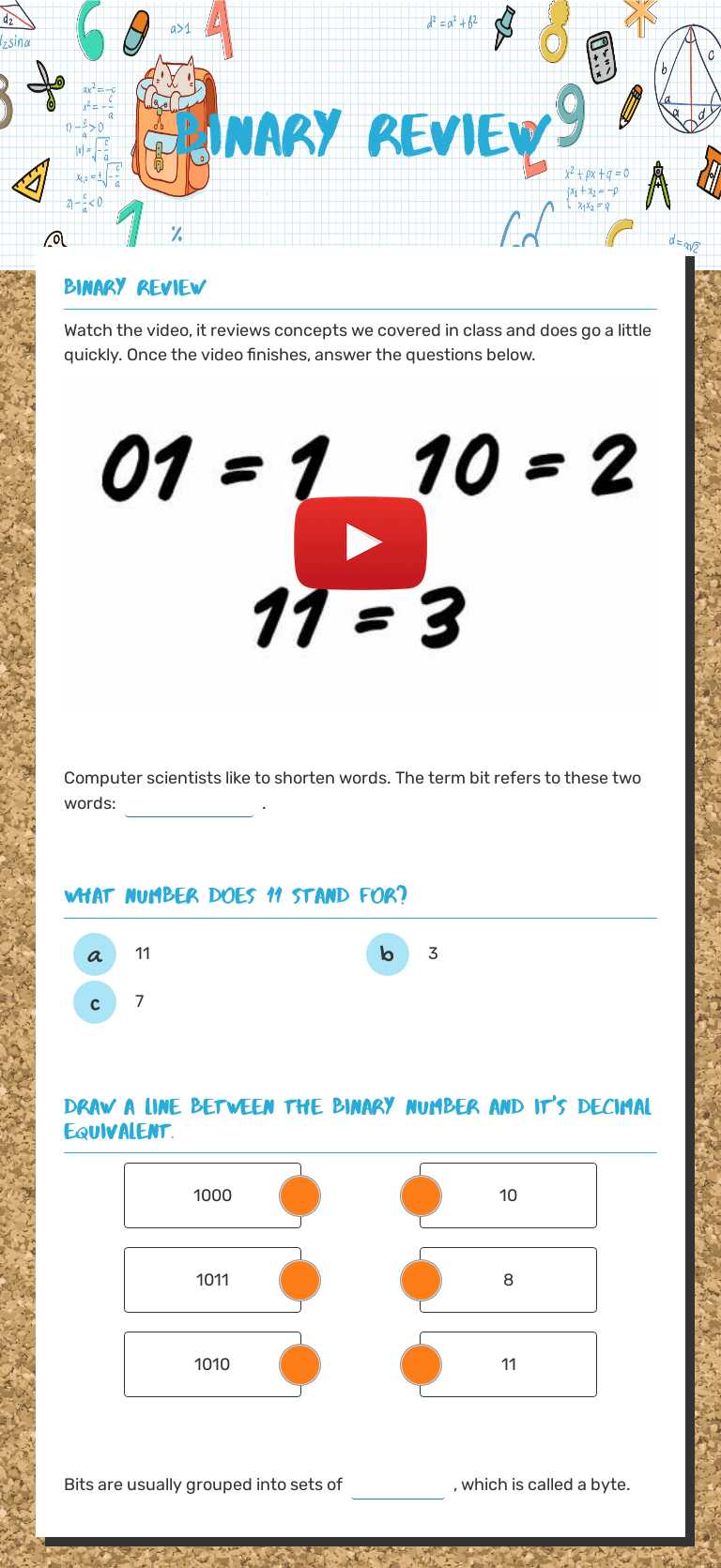 Binary Review worksheet preview image