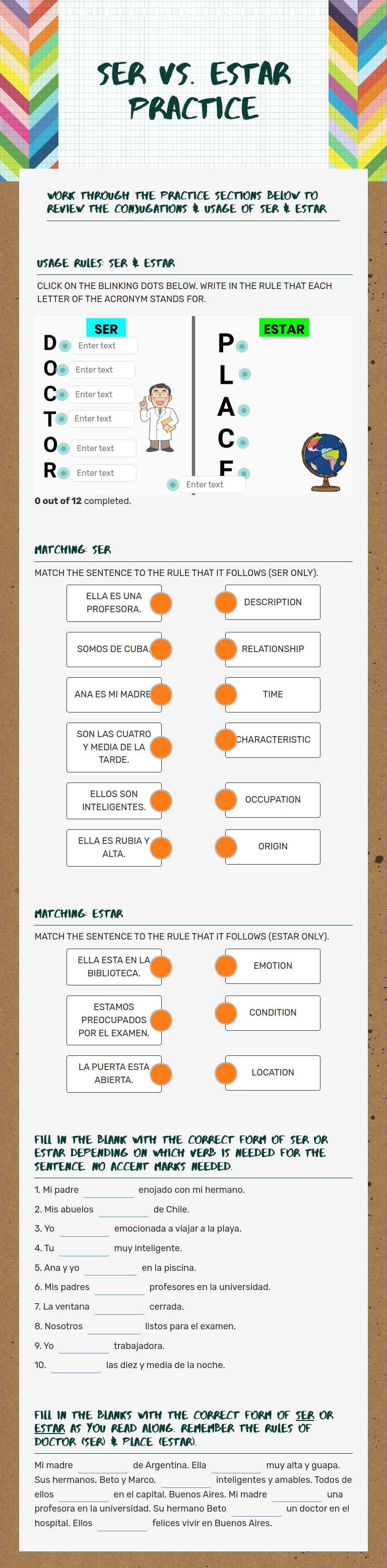 Ser vs. Estar Practice worksheet preview image