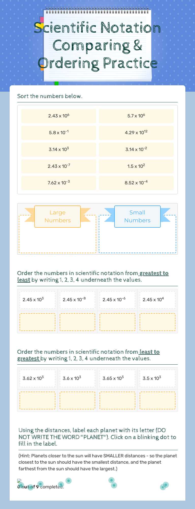 Practice comparing and ordering numbers in scientific notation ...