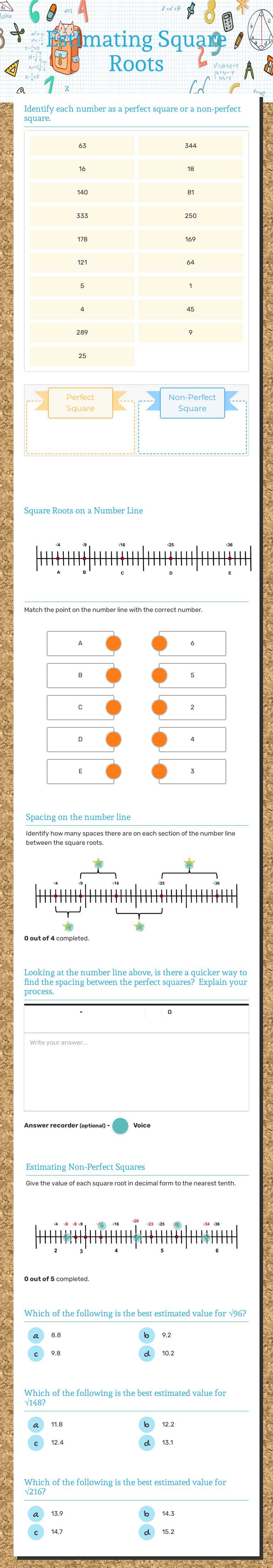Estimating Square Roots Grade 8 worksheet preview