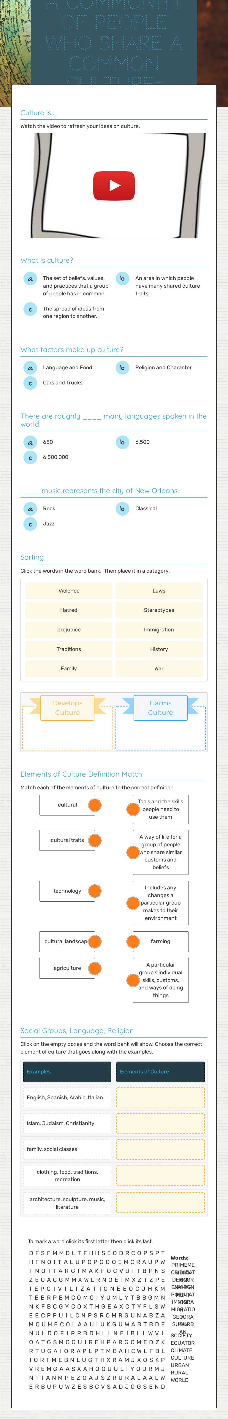 a community of people who share a common culture= Society Grade 6 worksheet preview