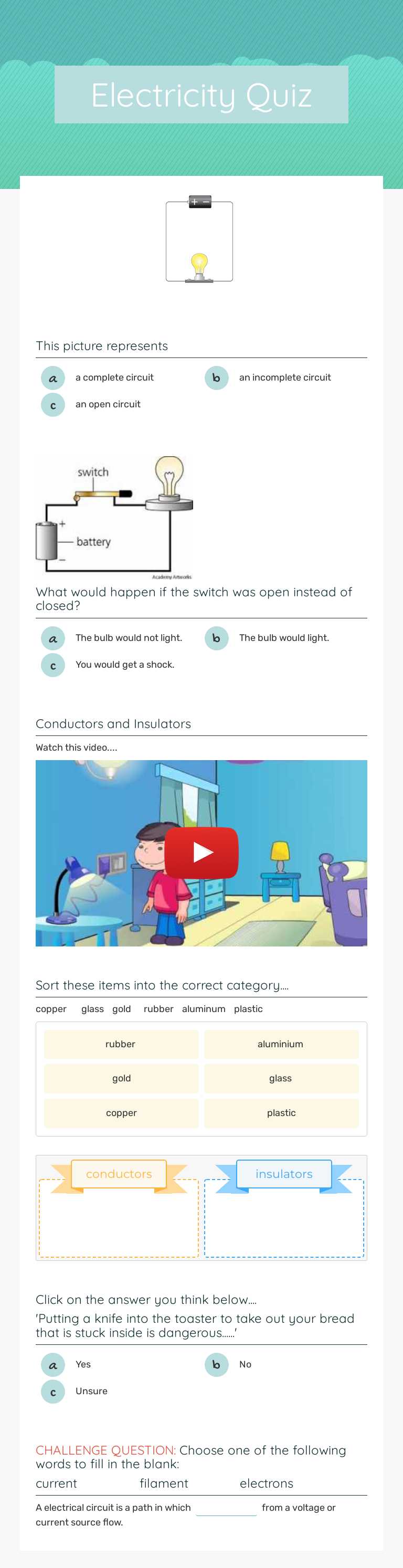 Electricity Quiz worksheet preview image