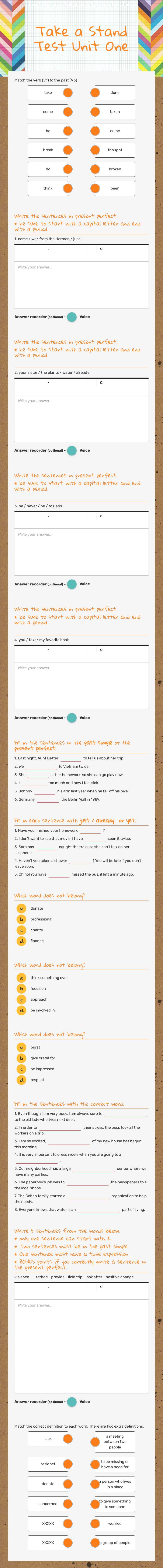 Take a Stand Test Unit One Grade 9 worksheet preview