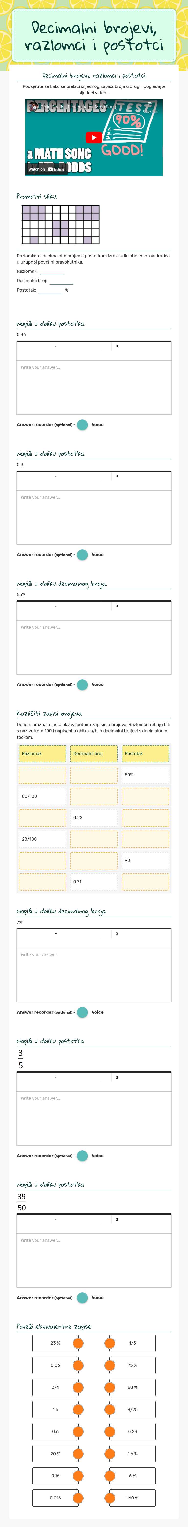 Decimalni brojevi, razlomci i postotci worksheet preview image
