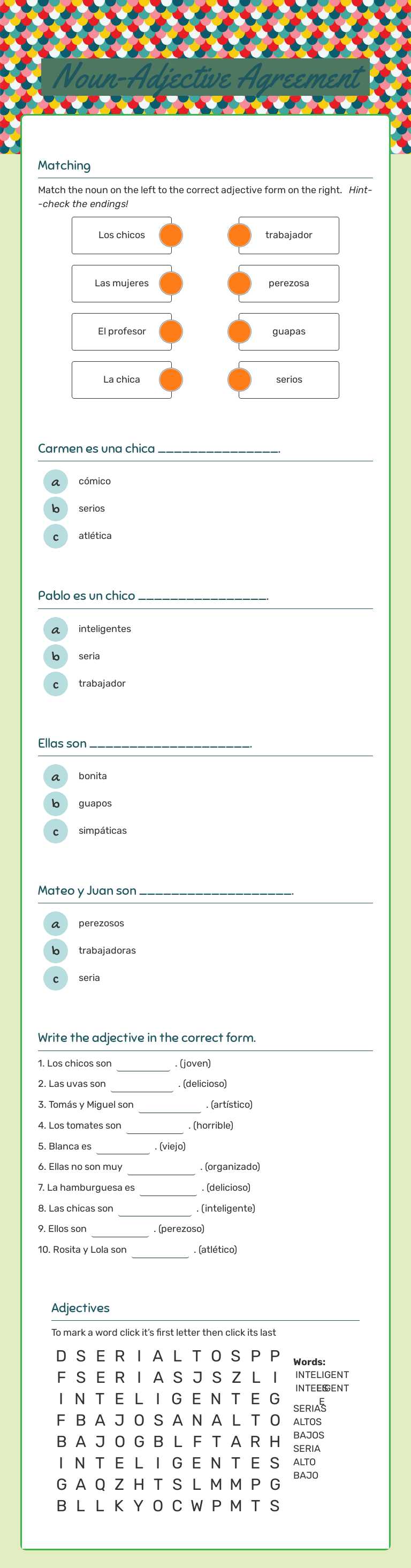 Noun-Adjective Agreement Grade 10 worksheet preview