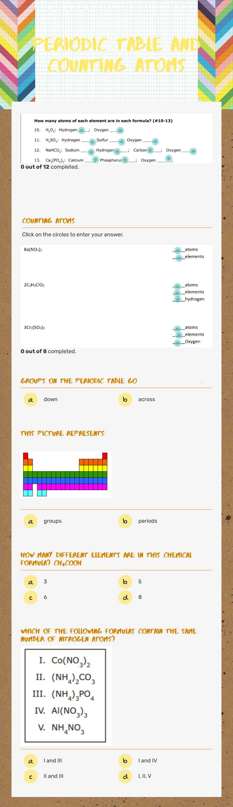 Periodic Table and Counting Atoms worksheet preview image