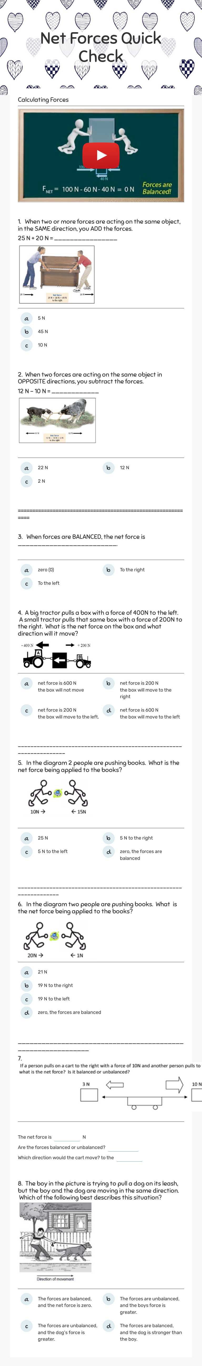 Net Forces Quick Check worksheet preview image
