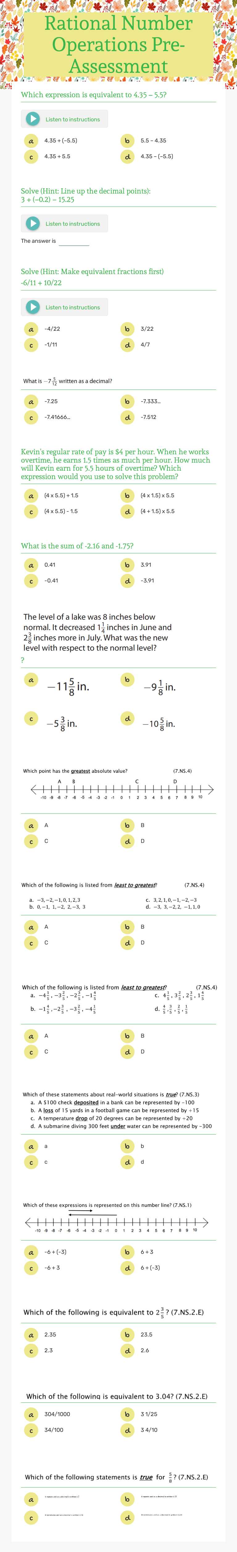 Rational Number Operations Pre-Assessment worksheet preview image