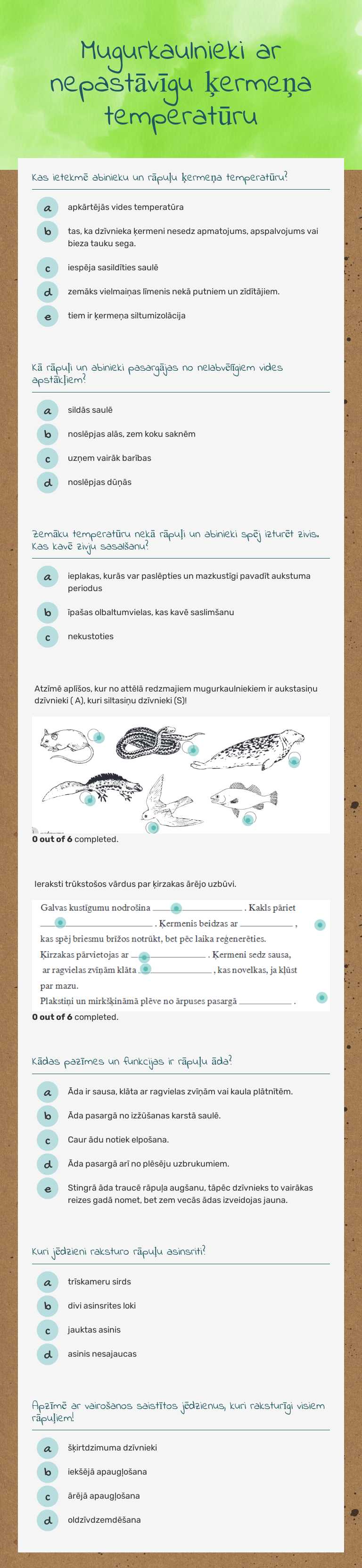 Mugurkaulnieki ar nepastāvīgu ķermeņa temperatūru worksheet preview image