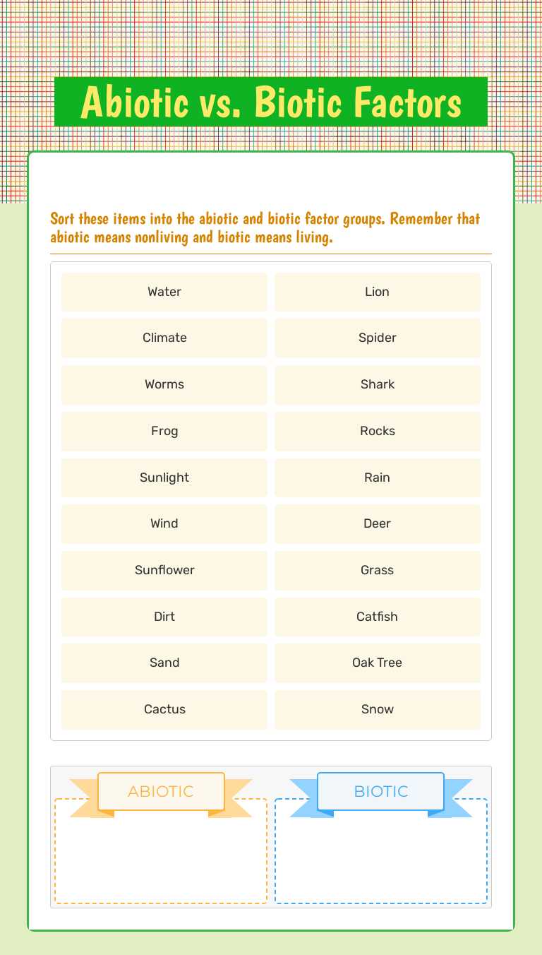 Abiotic vs. Biotic Factors worksheet preview image