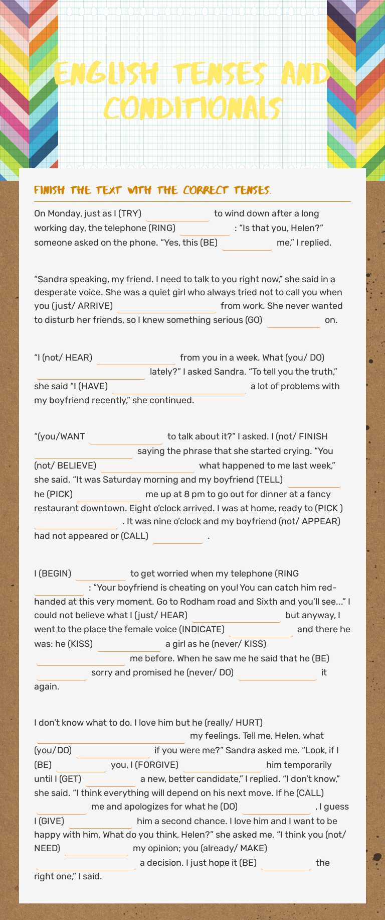 English Tenses and conditionals worksheet preview image