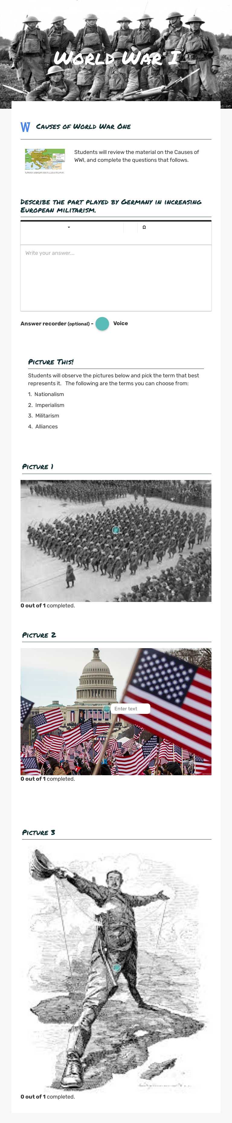 World War I worksheet preview image