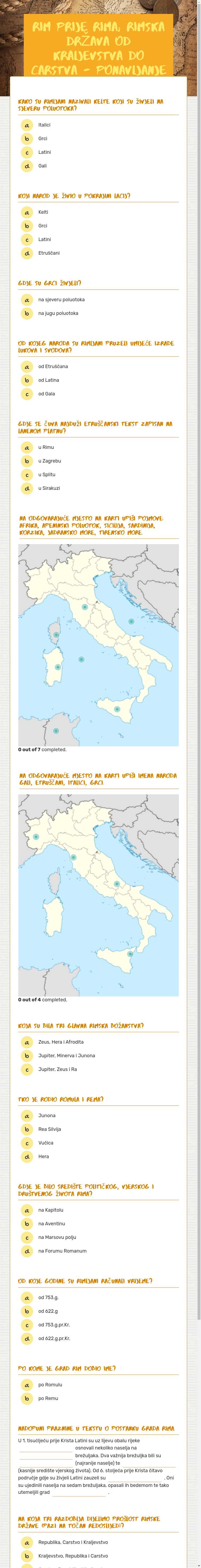 RIM PRIJE RIMA; RIMSKA DRŽAVA OD KRALJEVSTVA DO CARSTVA - ponavljanje worksheet preview image