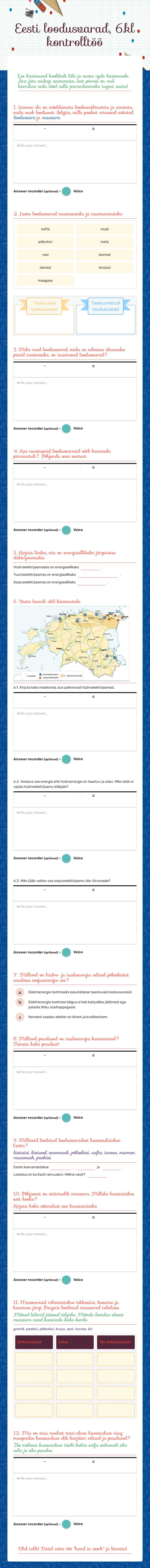 Eesti loodusvarad, 6.kl kontrolltöö worksheet preview image
