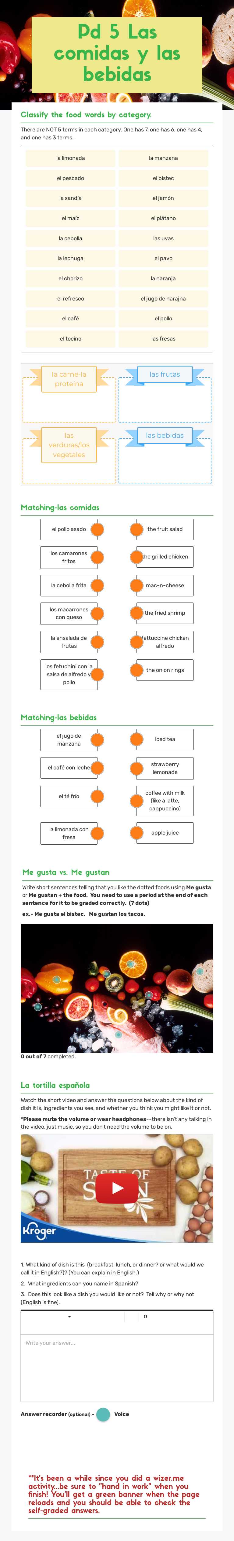 Pd 5 Las comidas y las bebidas worksheet preview image