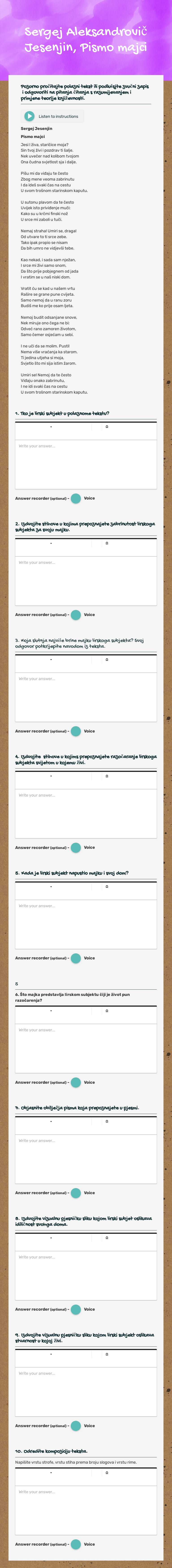 Sergej Aleksandrovič Jesenjin, Pismo majci worksheet preview image