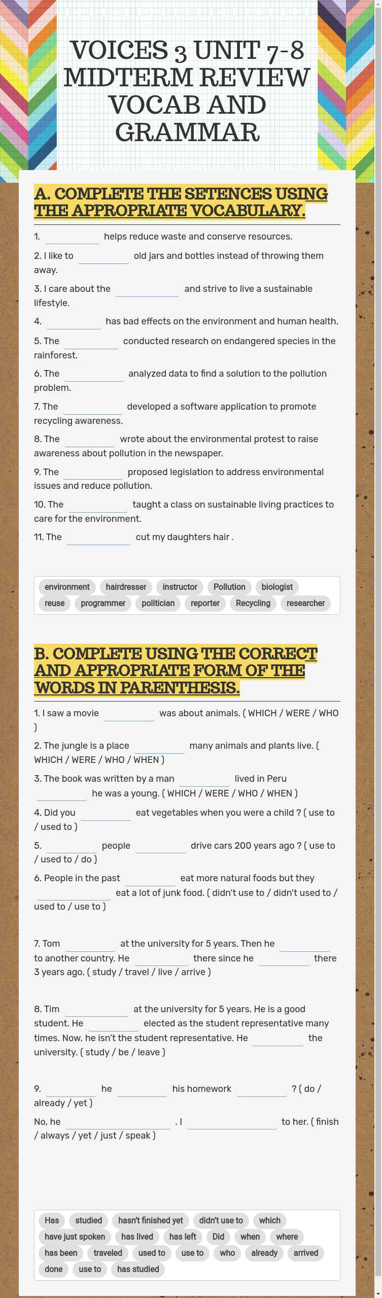 VOICES 3 UNIT 7-8 MIDTERM REVIEW VOCAB AND GRAMMAR worksheet preview image