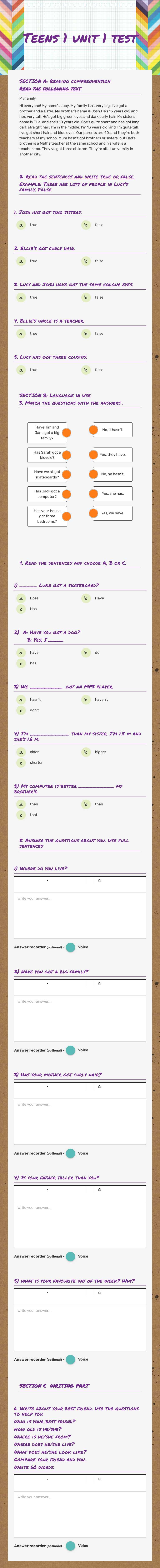 Teens 1 unit 1 test worksheet preview image