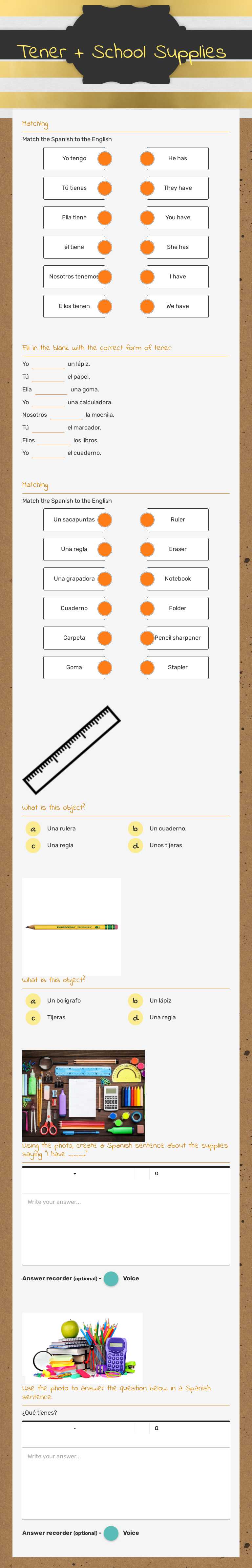 Tener + School Supplies worksheet preview image