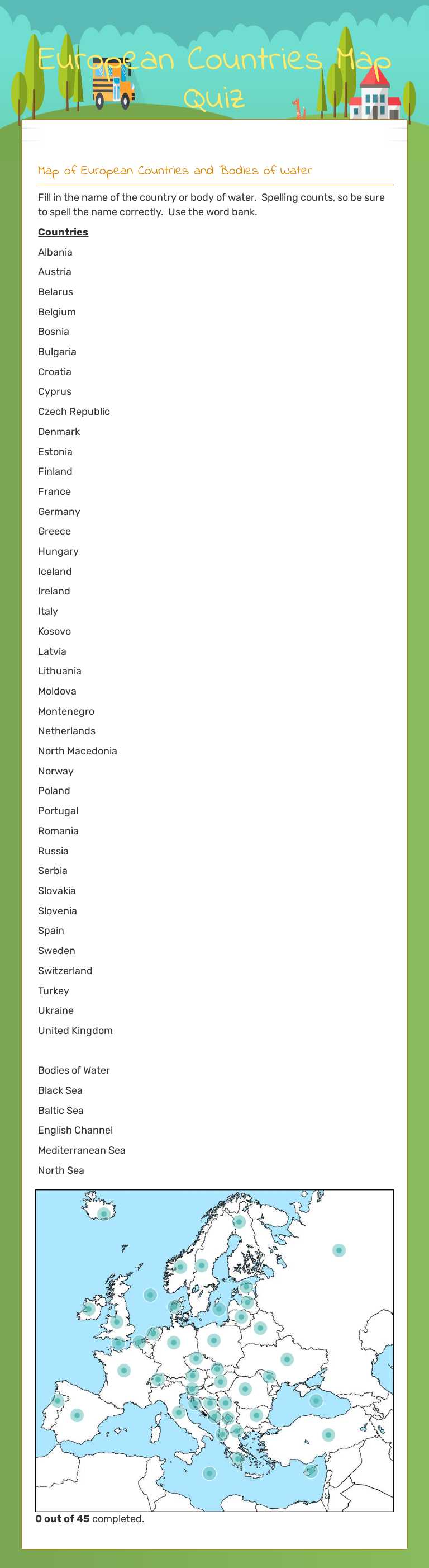 European Countries Map Quiz worksheet preview image
