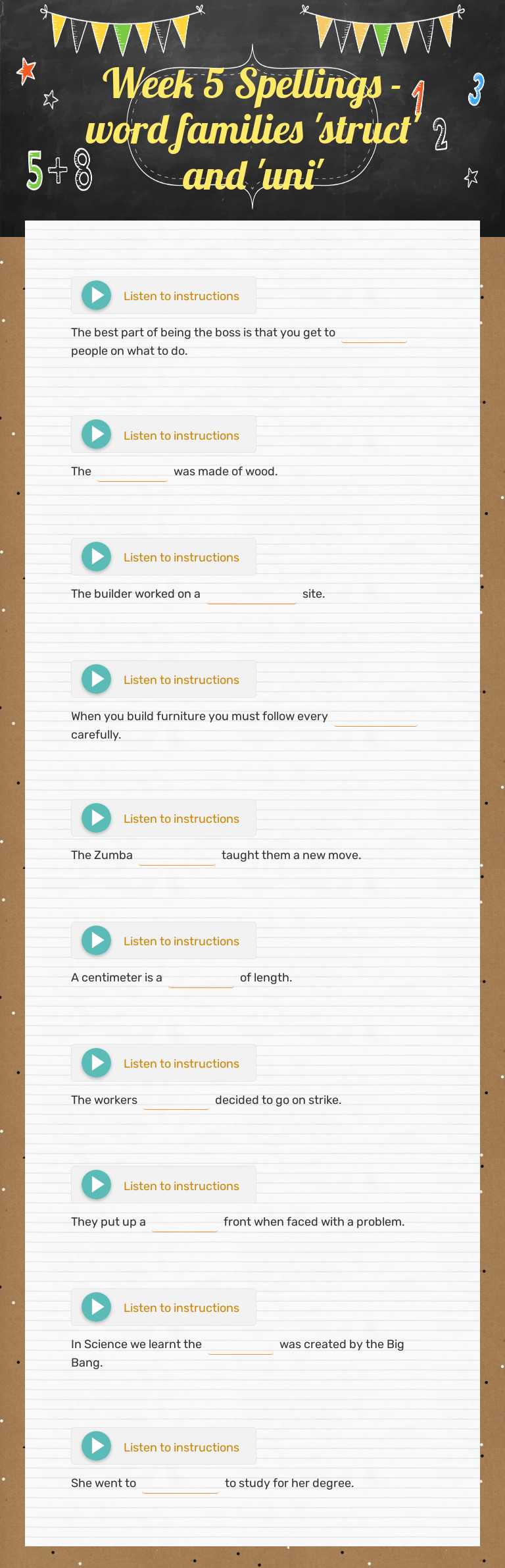 Week 5 Spellings - word families 'struct' and 'uni' worksheet preview image