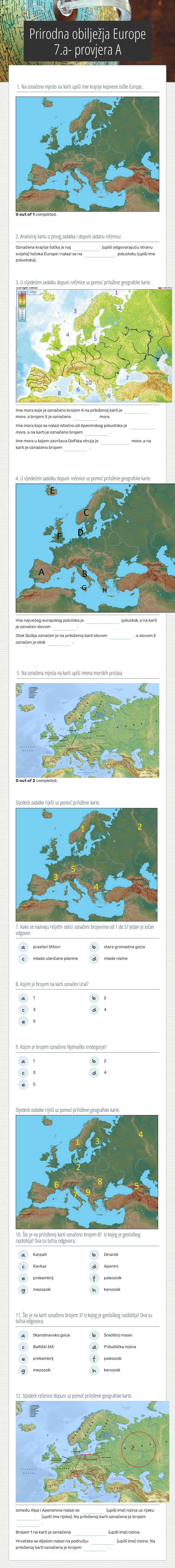 Prirodna obilježja Europe 7.a-  provjera A Grade 7 worksheet preview