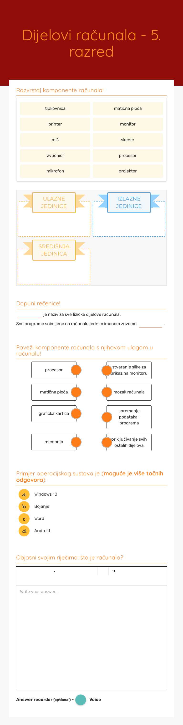 Dijelovi računala - 5. razred Preschool worksheet preview