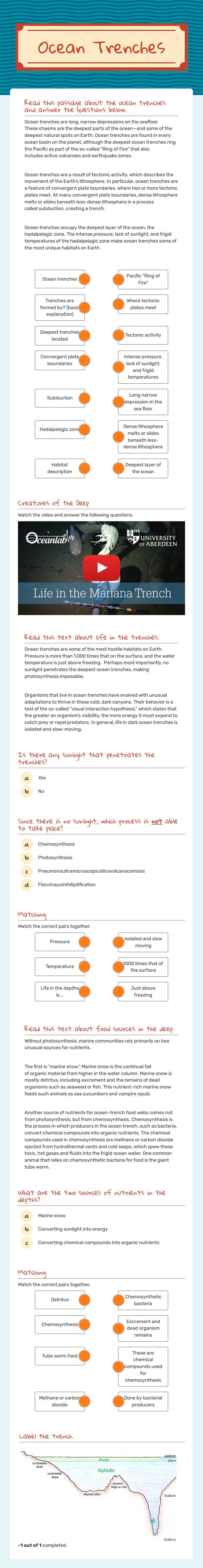 Ocean Trenches worksheet preview image
