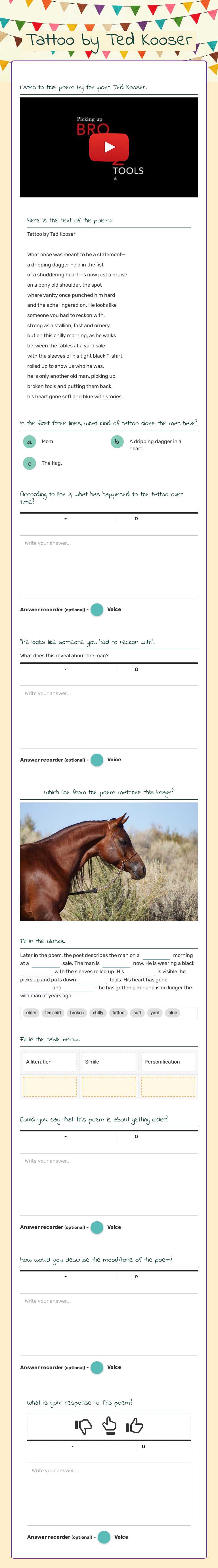 Tattoo by Ted Kooser worksheet preview image