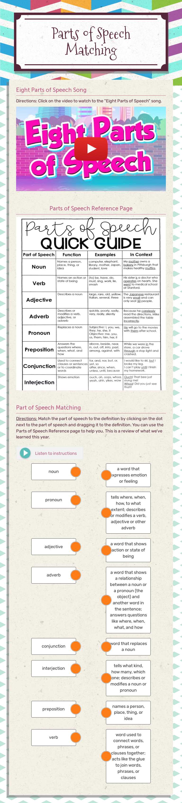 Parts of Speech Matching Grade 5 worksheet preview
