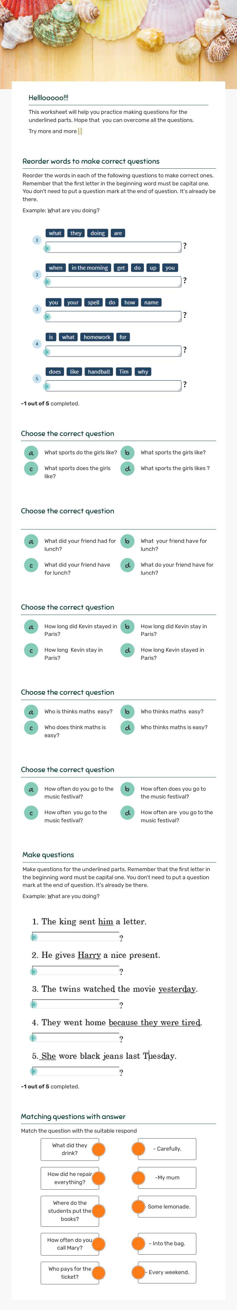Wh- question words worksheet preview image
