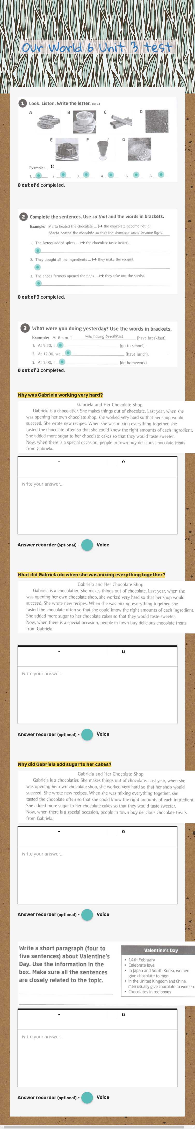 Our World 6 Unit 3 test worksheet preview image