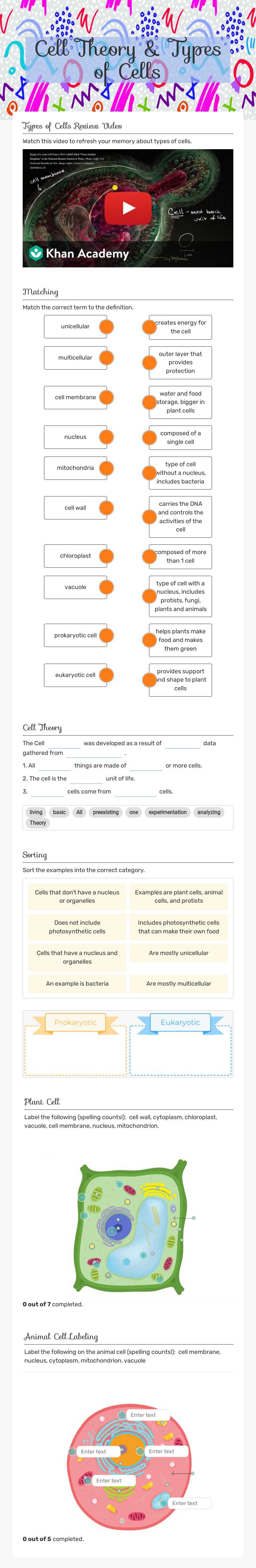 Cell Theory & Types of Cells worksheet preview image