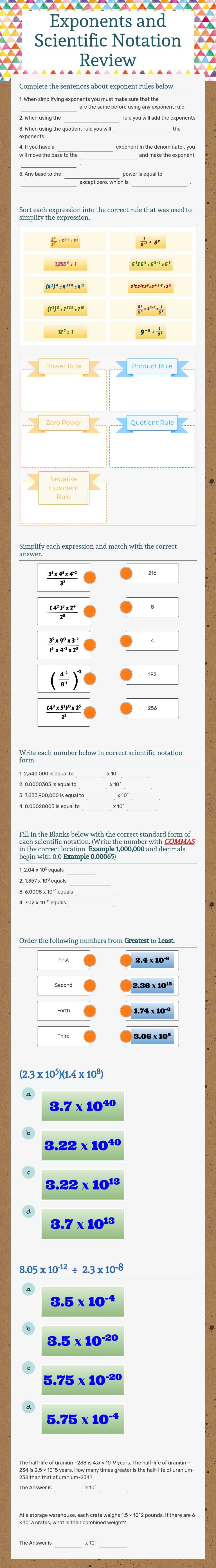 Exponents and Scientific Notation Review worksheet preview image