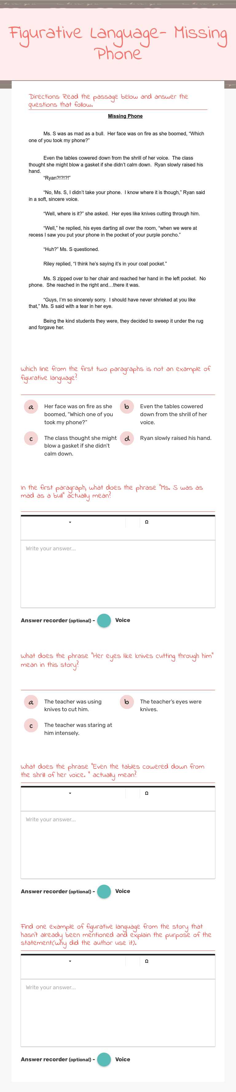 Figurative Language- Missing Phone Grade 6 worksheet preview