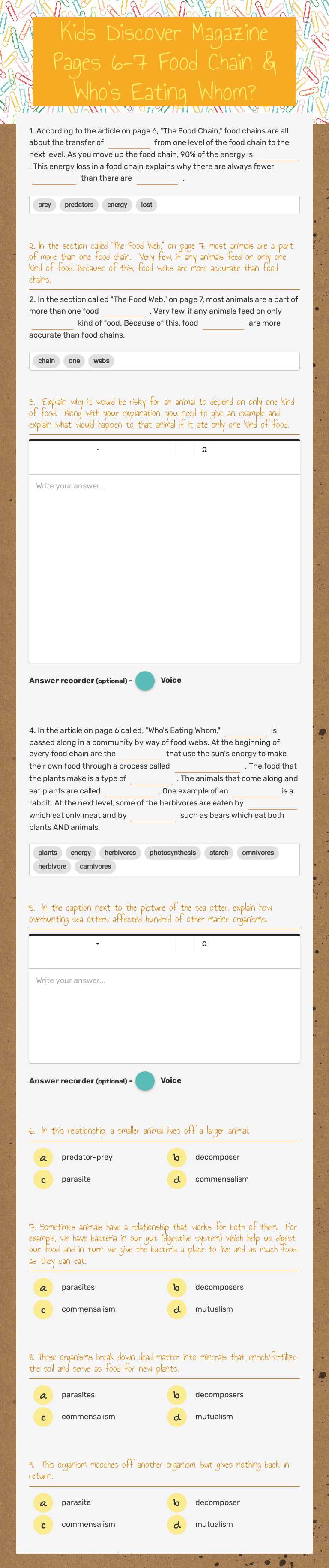 Kids Discover Magazine   Pages 6-7 Food Chain & Who's Eating Whom? worksheet preview